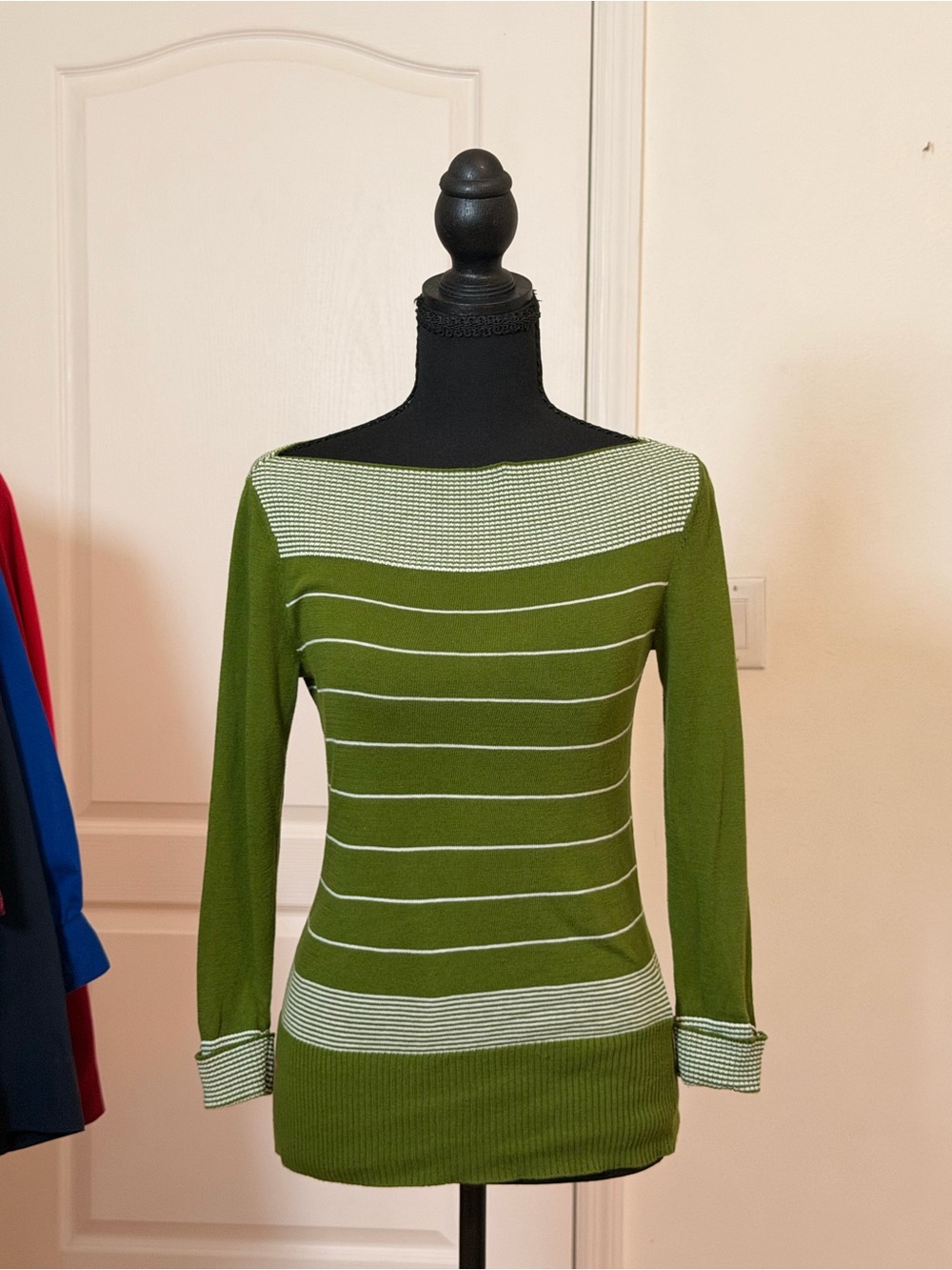 Banana Republic Petite Green White Striped Cotton Long Sleeve Top